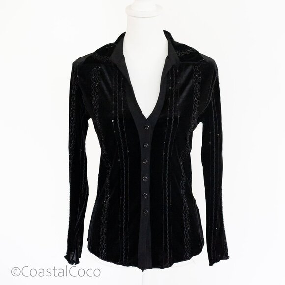 Baranda Vintage Velvet Top Blouse M Black Sequin Y2K Dark Whimsy Goth Vampy - Picture 1 of 12